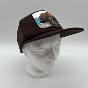 Vintage Brown Trucker Hat SnapBack Bear Eating Salmon Puffy Patch Nylon Mesh
